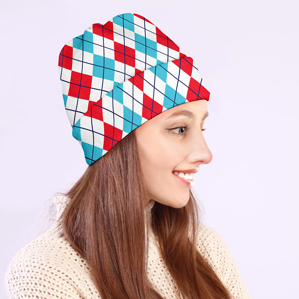 Red And Blue Argyle Pattern Print Beanie