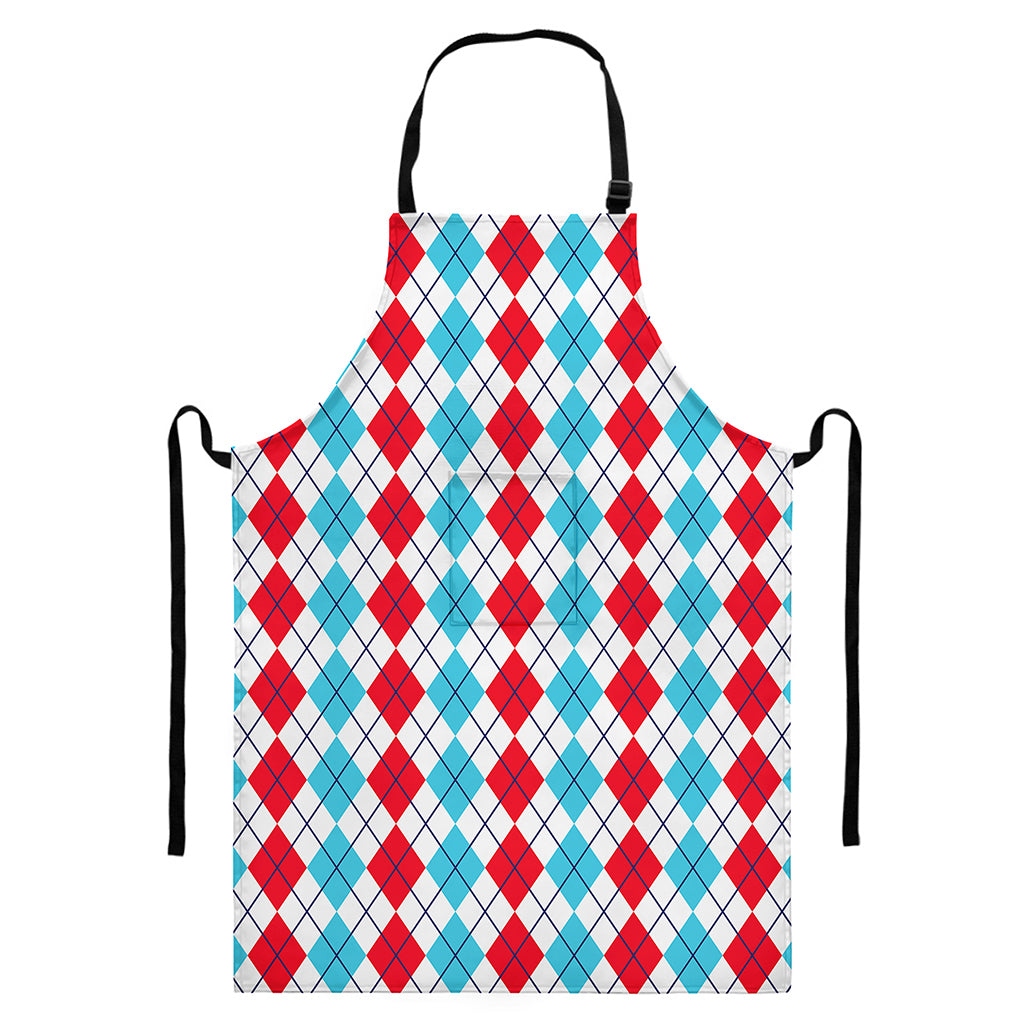 Red And Blue Argyle Pattern Print Bib Apron With Pocket