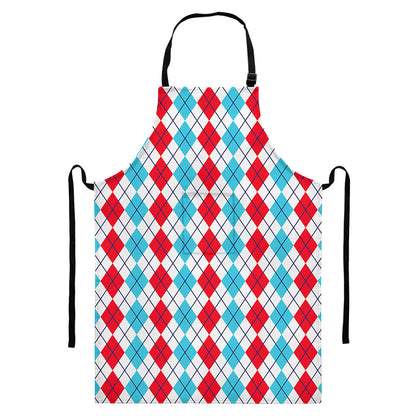 Red And Blue Argyle Pattern Print Bib Apron With Pocket