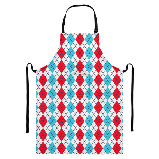 Red And Blue Argyle Pattern Print Bib Apron With Pocket
