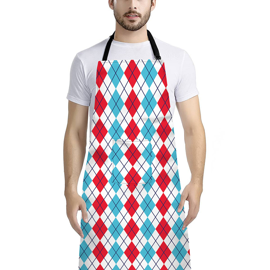 Red And Blue Argyle Pattern Print Bib Apron With Pocket