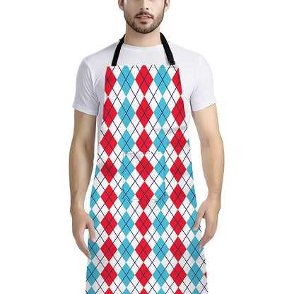 Red And Blue Argyle Pattern Print Bib Apron With Pocket