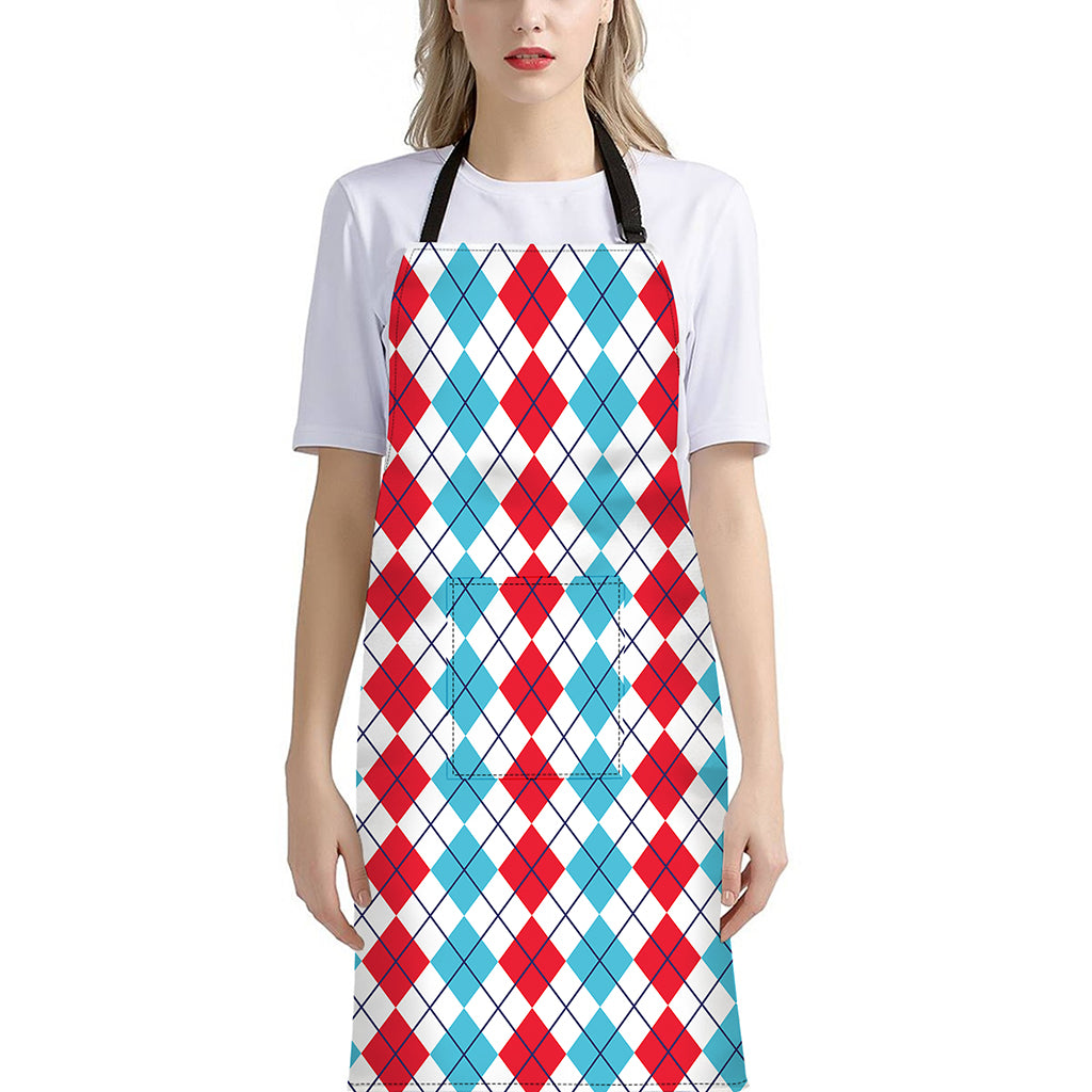 Red And Blue Argyle Pattern Print Bib Apron With Pocket