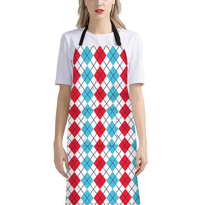 Red And Blue Argyle Pattern Print Bib Apron With Pocket
