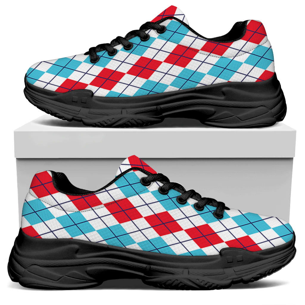Red And Blue Argyle Pattern Print Black Chunky Shoes
