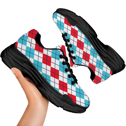 Red And Blue Argyle Pattern Print Black Chunky Shoes