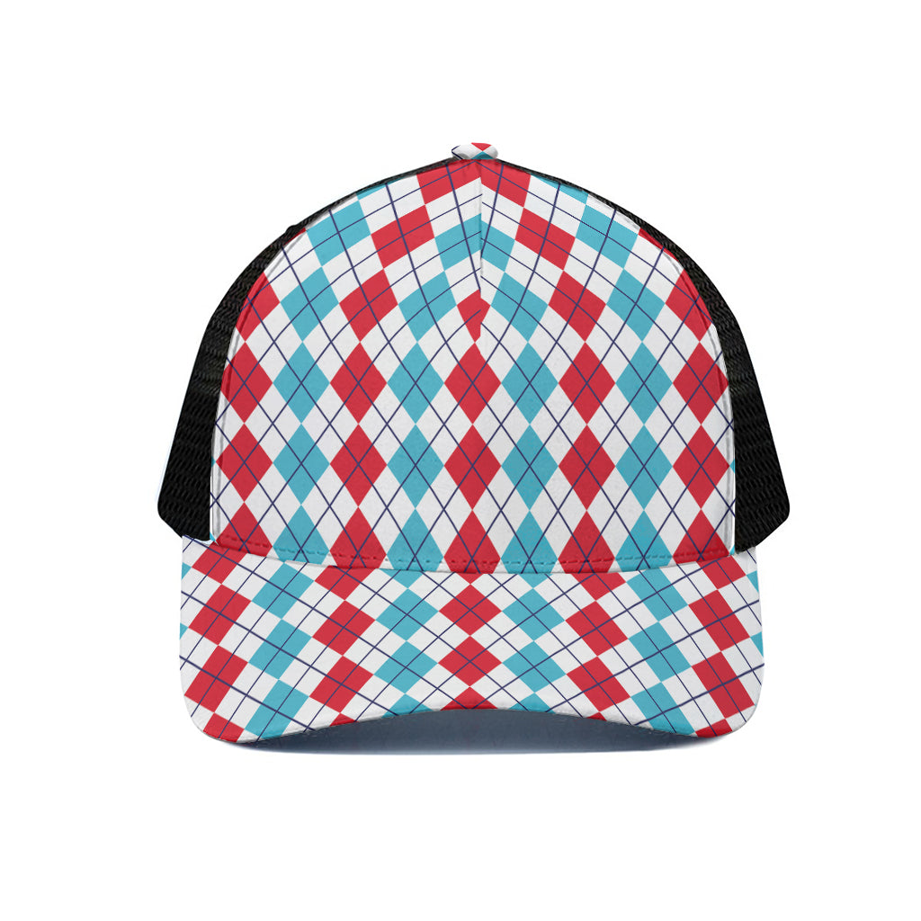 Red And Blue Argyle Pattern Print Black Mesh Trucker Cap