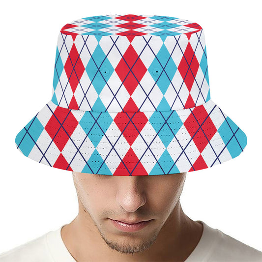 Red And Blue Argyle Pattern Print Bucket Hat