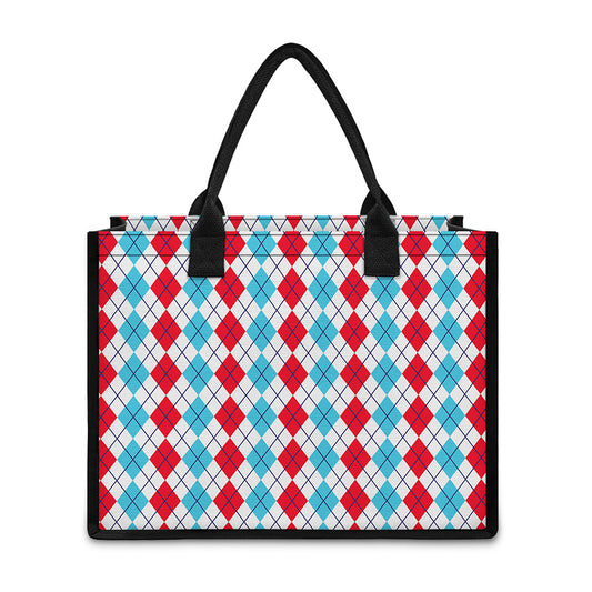 Red And Blue Argyle Pattern Print Canvas Tote Bag