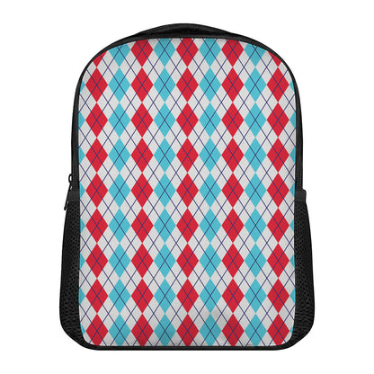Red And Blue Argyle Pattern Print Casual Backpack