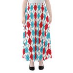 Red And Blue Argyle Pattern Print Chiffon Maxi Skirt