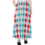 Red And Blue Argyle Pattern Print Chiffon Maxi Skirt