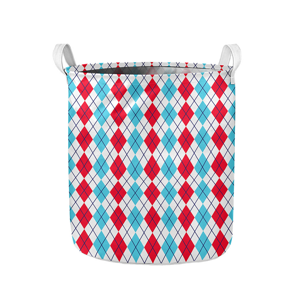 Red And Blue Argyle Pattern Print Collapsible Laundry Basket