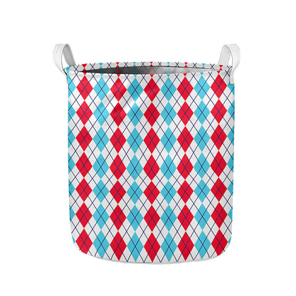 Red And Blue Argyle Pattern Print Collapsible Laundry Basket