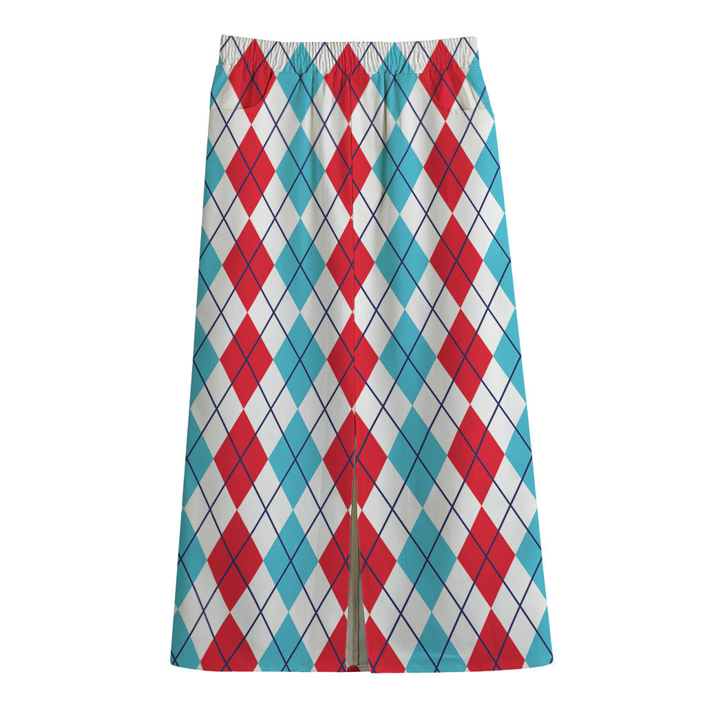 Red And Blue Argyle Pattern Print Cotton Front Slit Maxi Skirt