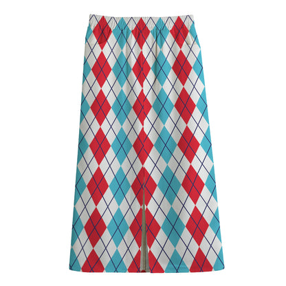 Red And Blue Argyle Pattern Print Cotton Front Slit Maxi Skirt