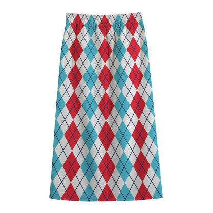Red And Blue Argyle Pattern Print Cotton Front Slit Maxi Skirt