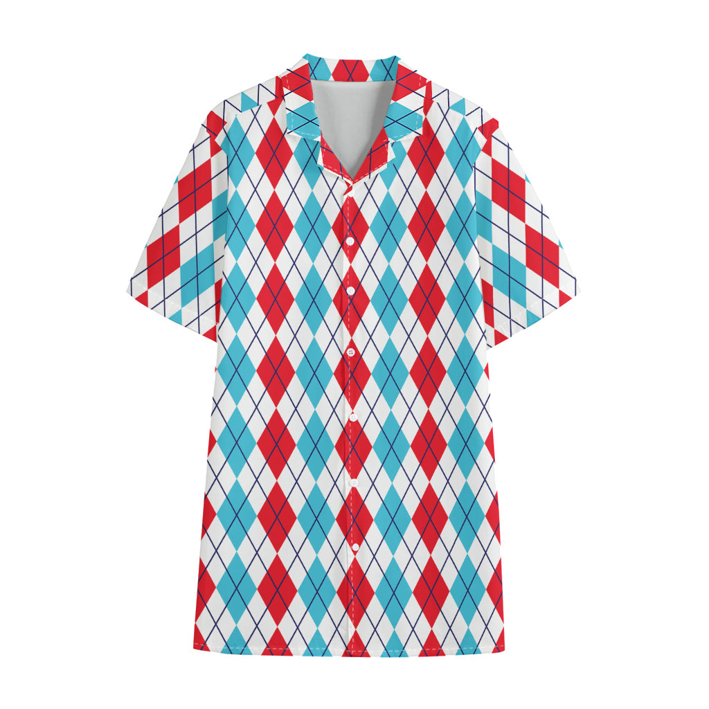 Red And Blue Argyle Pattern Print Cotton Hawaiian Shirt