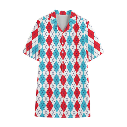 Red And Blue Argyle Pattern Print Cotton Hawaiian Shirt