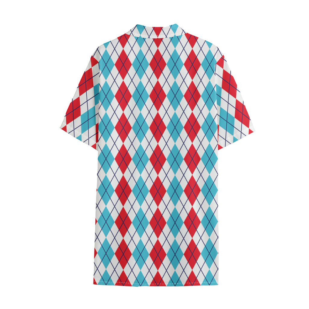 Red And Blue Argyle Pattern Print Cotton Hawaiian Shirt