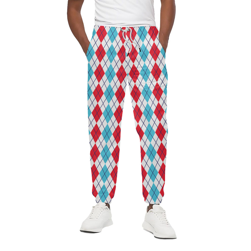 Red And Blue Argyle Pattern Print Cotton Pants