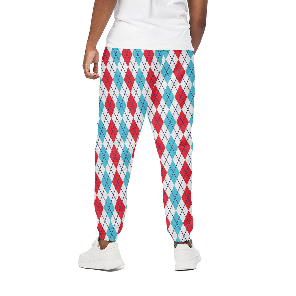 Red And Blue Argyle Pattern Print Cotton Pants