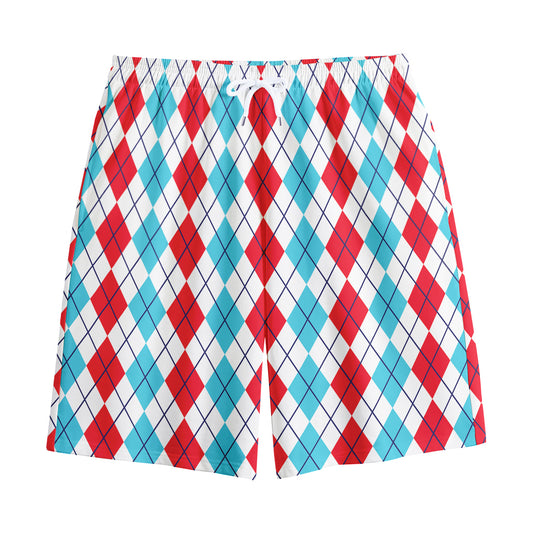 Red And Blue Argyle Pattern Print Cotton Shorts