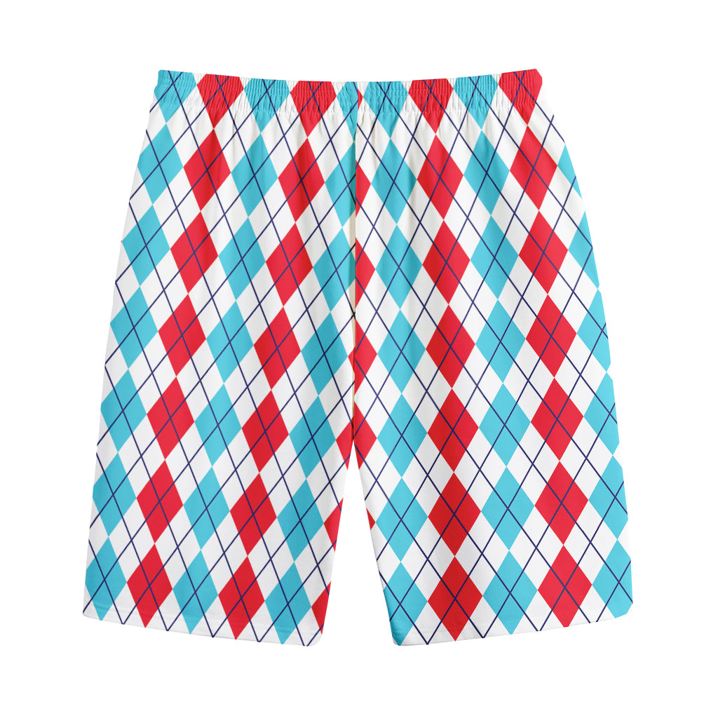 Red And Blue Argyle Pattern Print Cotton Shorts