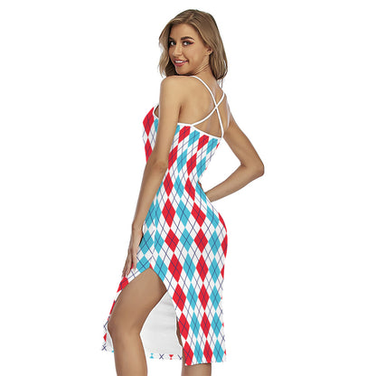 Red And Blue Argyle Pattern Print Cross Back Cami Dress