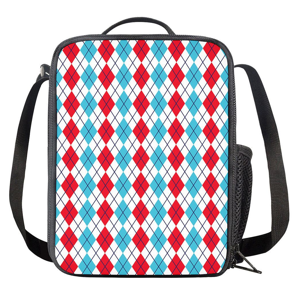 Red And Blue Argyle Pattern Print Crossbody Lunch Bag