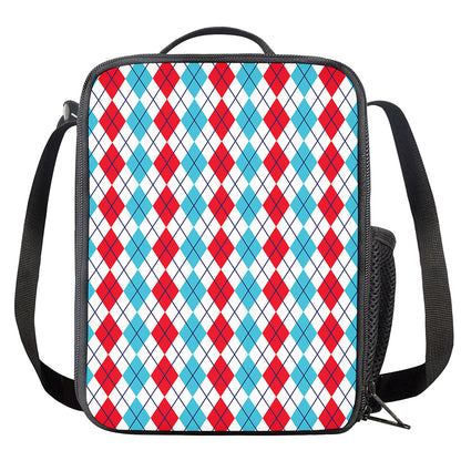Red And Blue Argyle Pattern Print Crossbody Lunch Bag