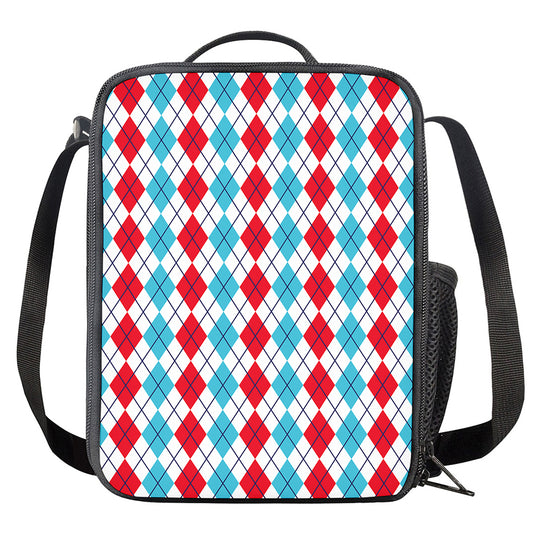 Red And Blue Argyle Pattern Print Crossbody Lunch Bag