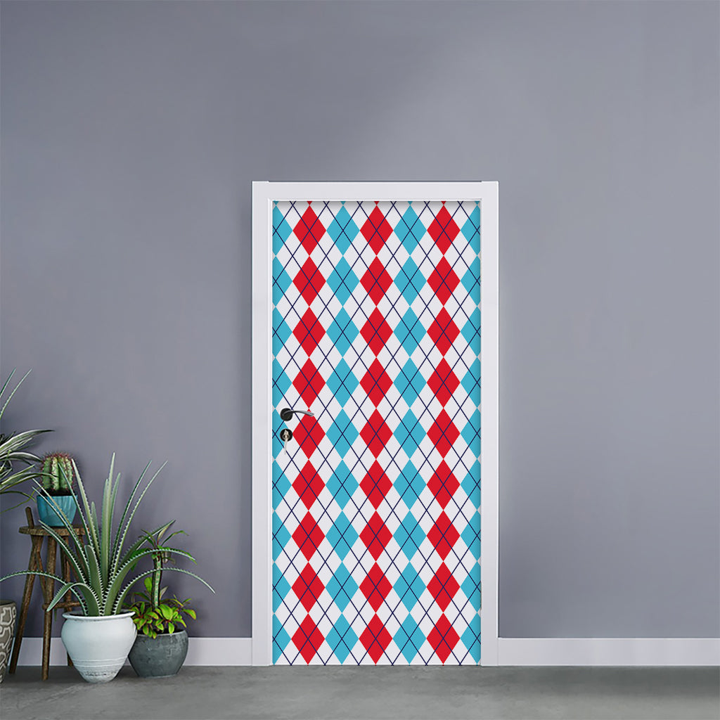 Red And Blue Argyle Pattern Print Door Sticker