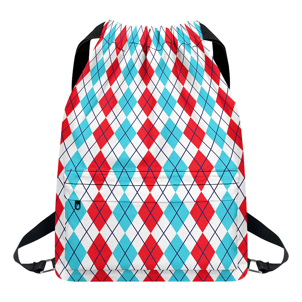 Red And Blue Argyle Pattern Print Drawstring Backpack