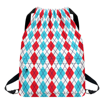 Red And Blue Argyle Pattern Print Drawstring Backpack