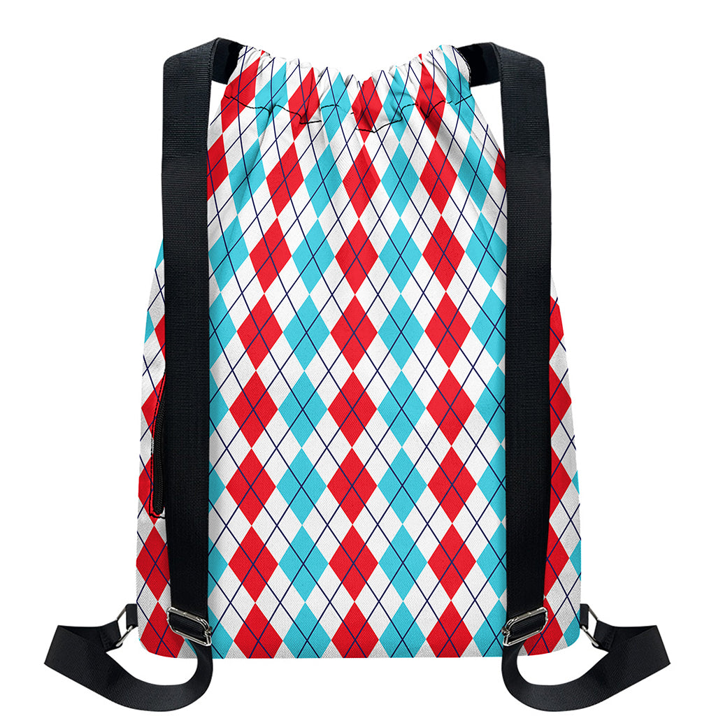 Red And Blue Argyle Pattern Print Drawstring Backpack