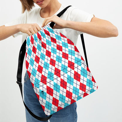 Red And Blue Argyle Pattern Print Drawstring Backpack