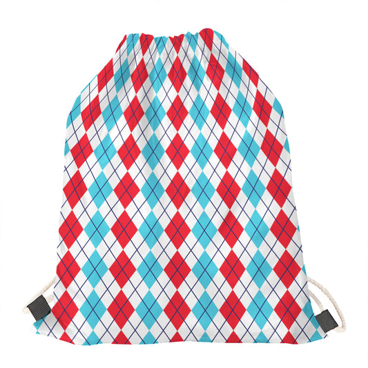 Red And Blue Argyle Pattern Print Drawstring Bag