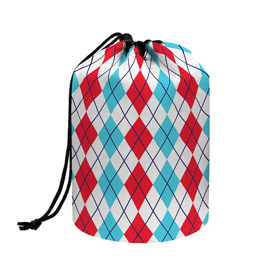 Red And Blue Argyle Pattern Print Drawstring Makeup Bag