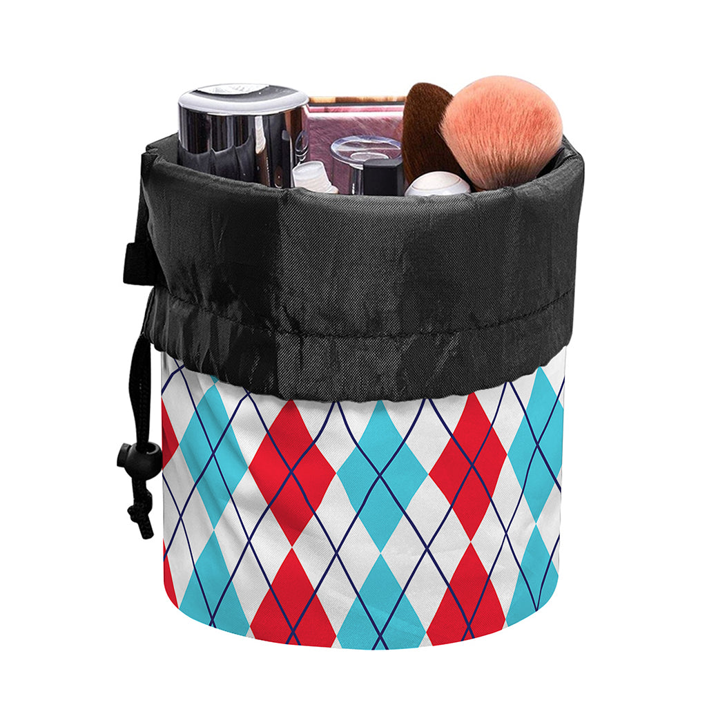 Red And Blue Argyle Pattern Print Drawstring Makeup Bag