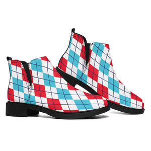 Red And Blue Argyle Pattern Print Flat Ankle Boots