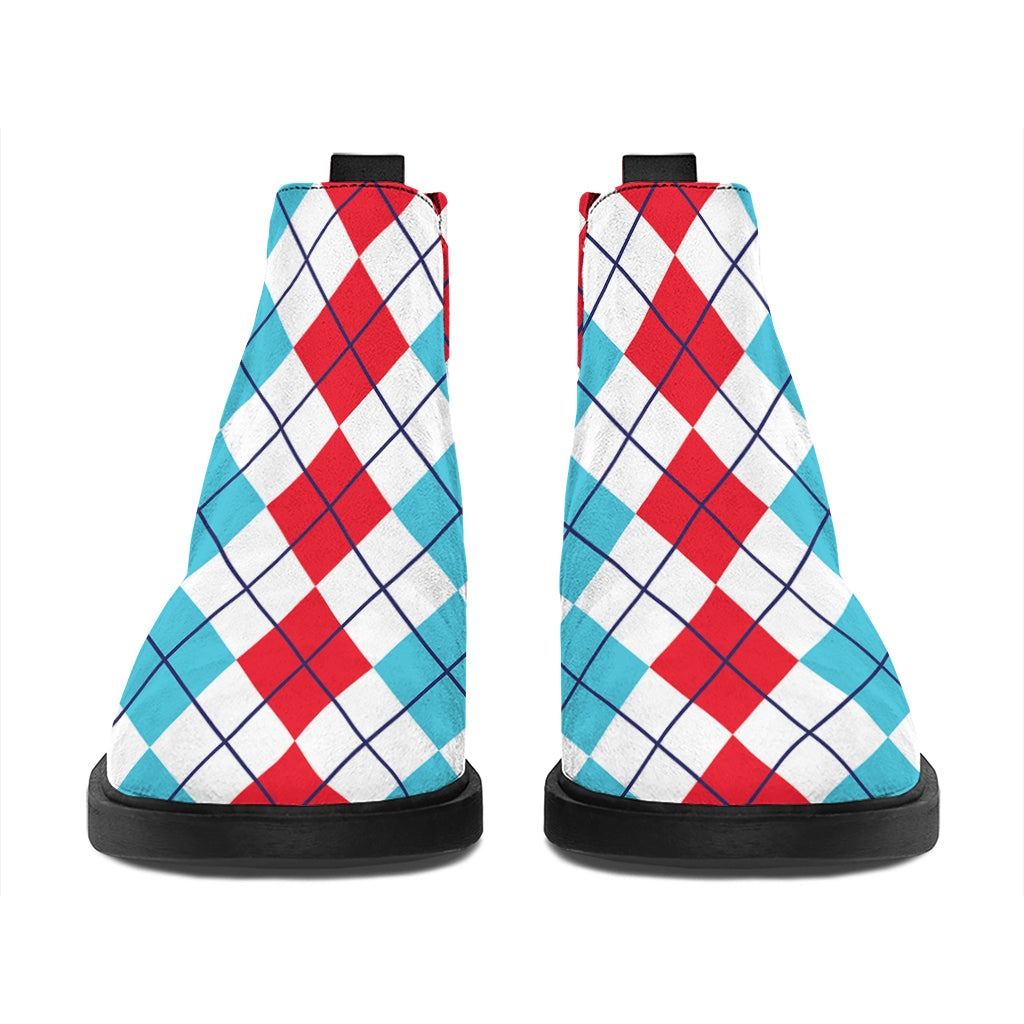 Red And Blue Argyle Pattern Print Flat Ankle Boots