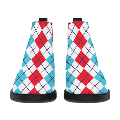 Red And Blue Argyle Pattern Print Flat Ankle Boots