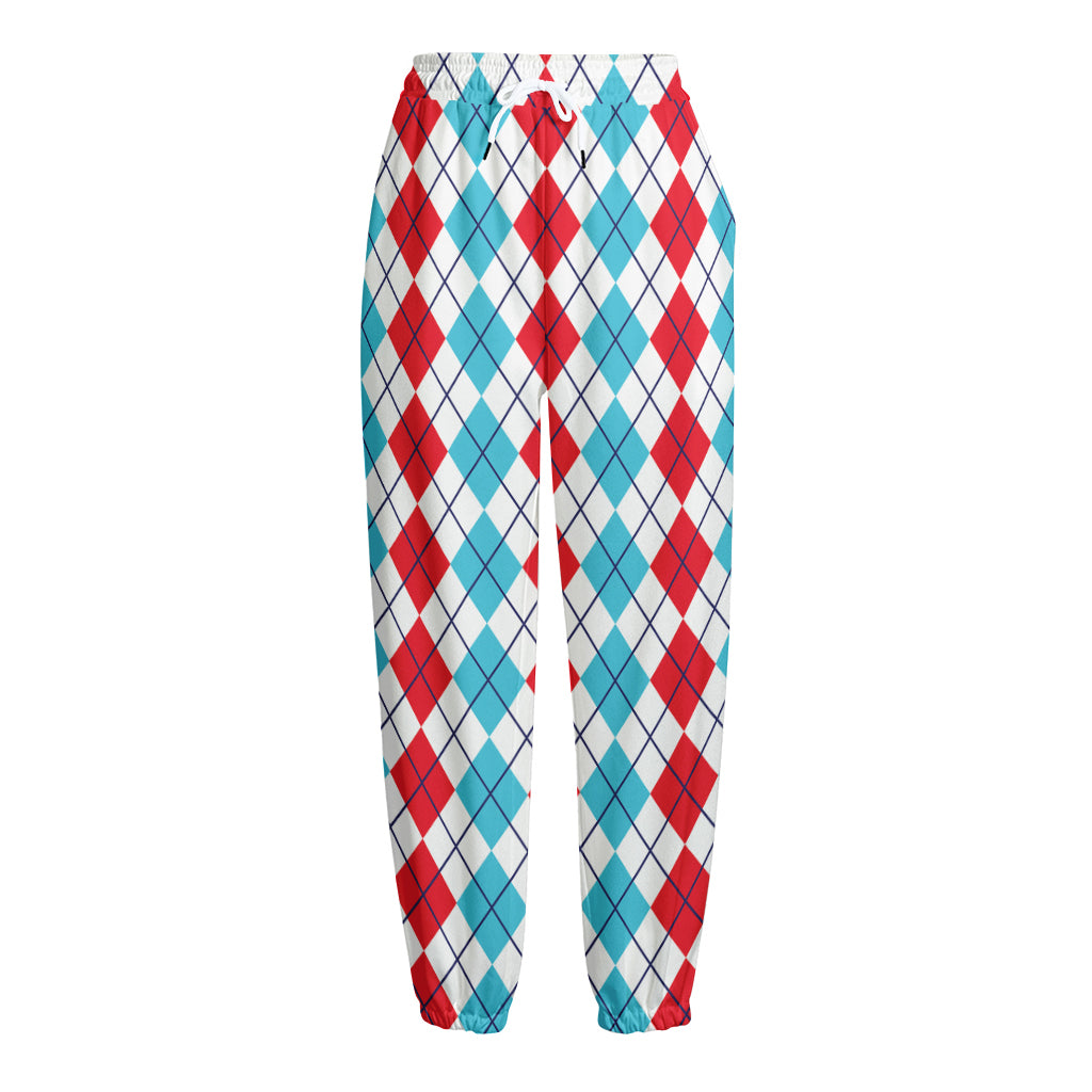 Red And Blue Argyle Pattern Print Fleece Lined Knit Pants