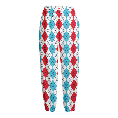 Red And Blue Argyle Pattern Print Fleece Lined Knit Pants