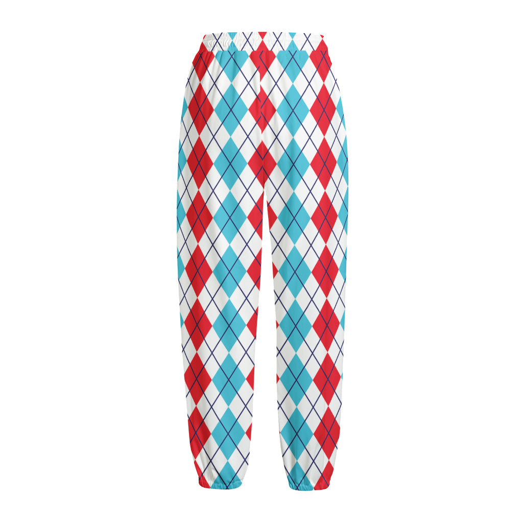 Red And Blue Argyle Pattern Print Fleece Lined Knit Pants