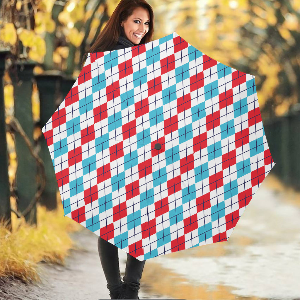 Red And Blue Argyle Pattern Print Foldable Umbrella