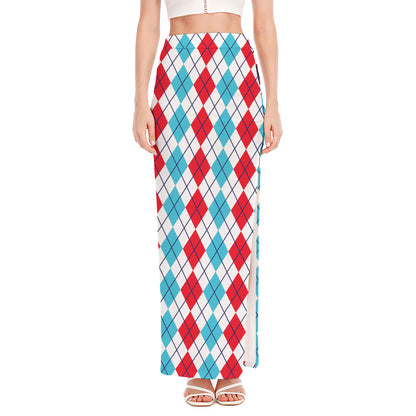 Red And Blue Argyle Pattern Print High Slit Maxi Skirt