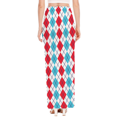 Red And Blue Argyle Pattern Print High Slit Maxi Skirt