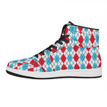 Red And Blue Argyle Pattern Print High Top Leather Sneakers